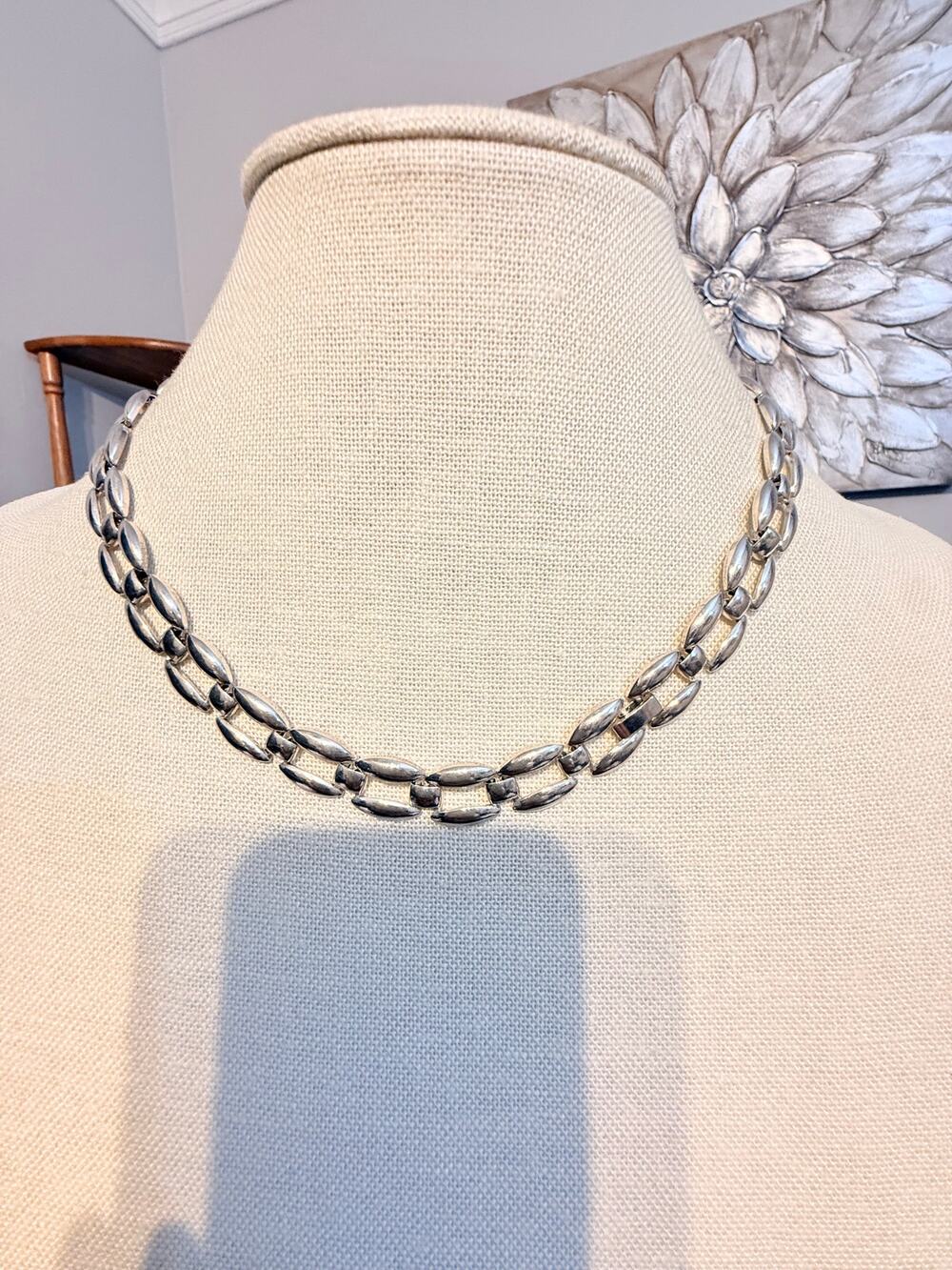 Vintage Silver Tone Leaf Link Necklace 18”